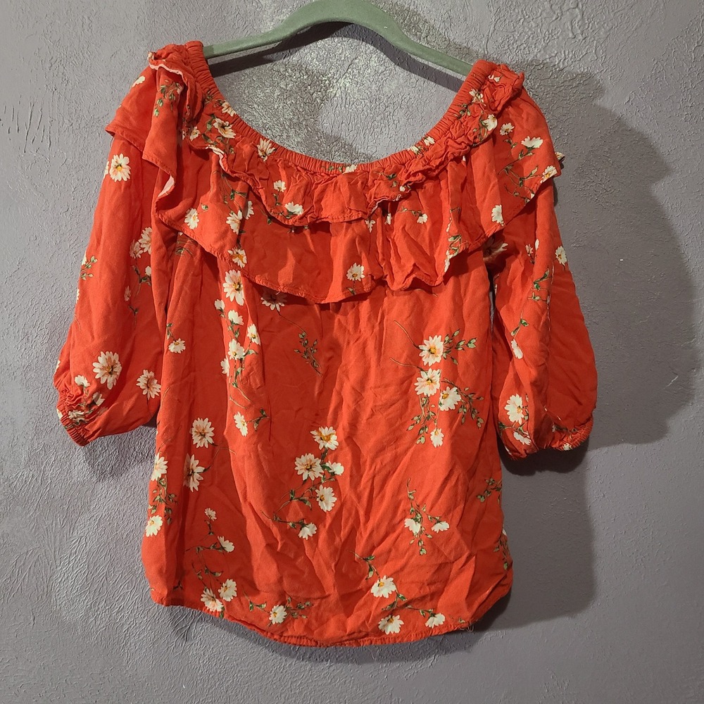 Chaus New York‎ Rayon Peasant Blouse Womens Medium Orange Daisy Off-Shoulder